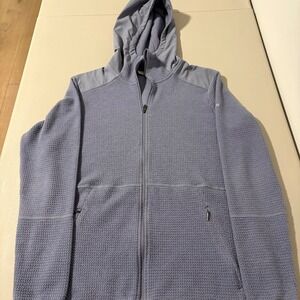 Columbia Women's Fleece Hooded Jacket Light Blue Sz L Waffle Knit Zip Up Pockets